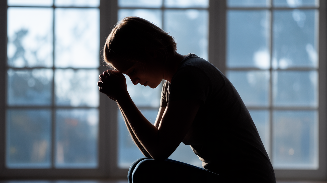 Silhouette kneeling in prayer against soft window light