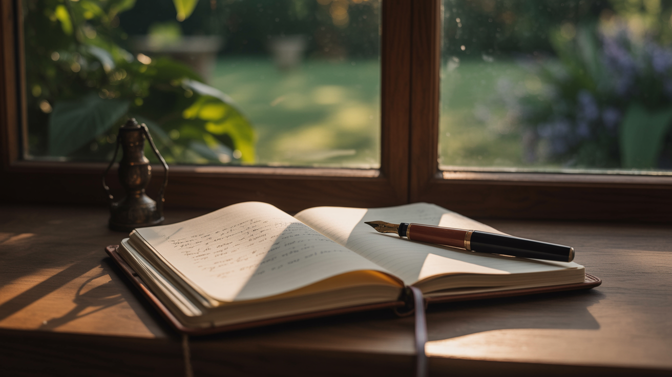 Open journal beside a window overlooking a garden at dawn