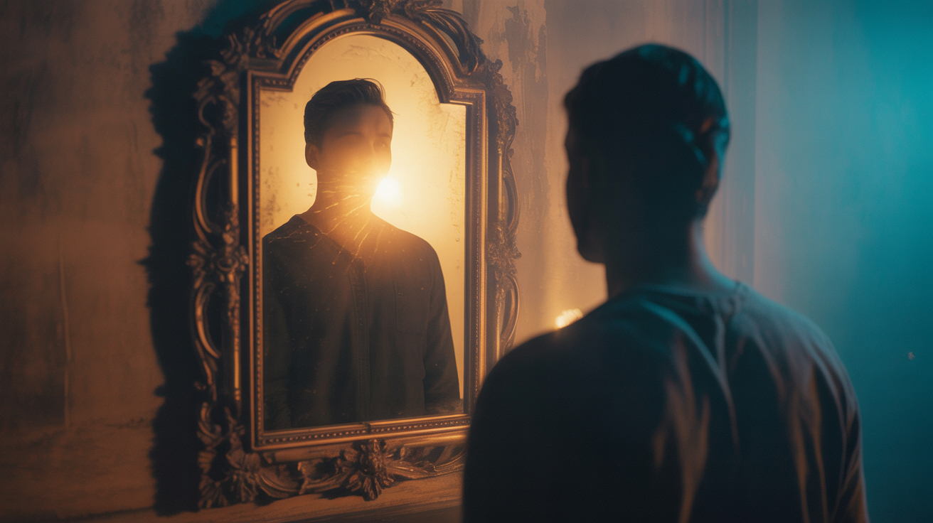 Mirror reflecting warm golden light with ethereal glow