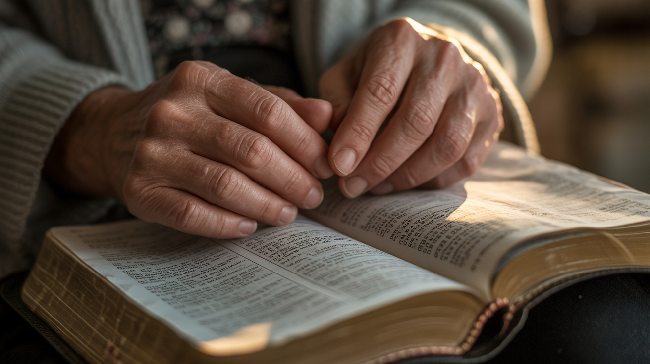 Weathered hands holding an open Bible in warm morning light
