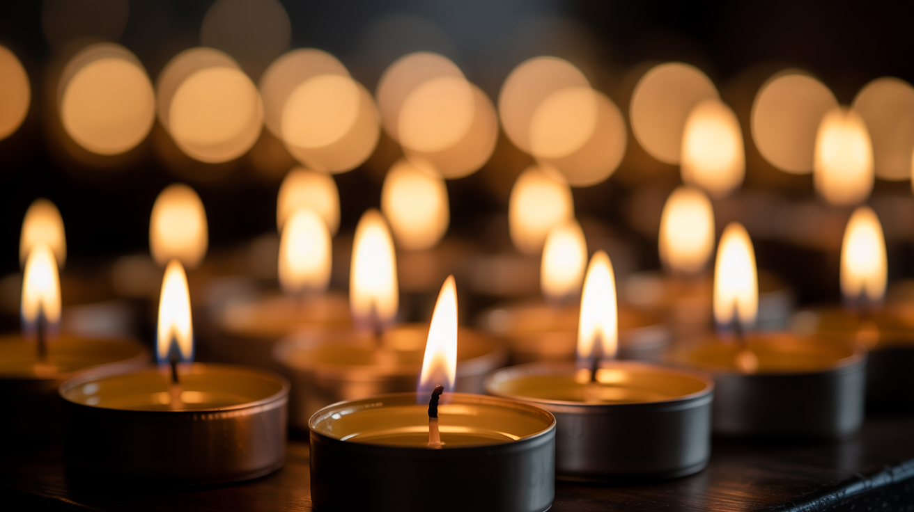 Lit candles glowing in darkness with soft golden bokeh
