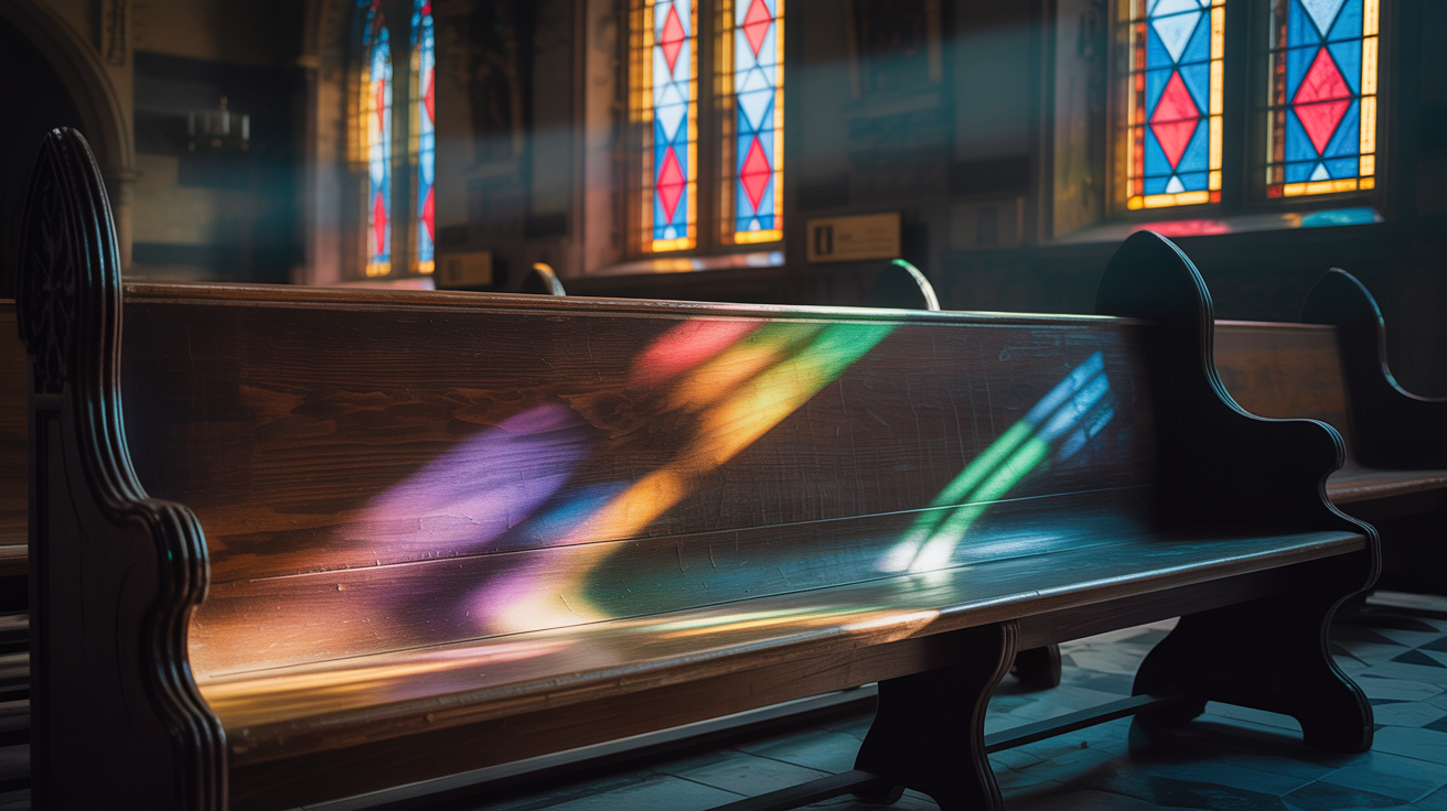 Empty church pew with stained glass light falling across the wood